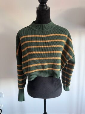 Free People Green Striped Cropped Rib Knit Sweater XS